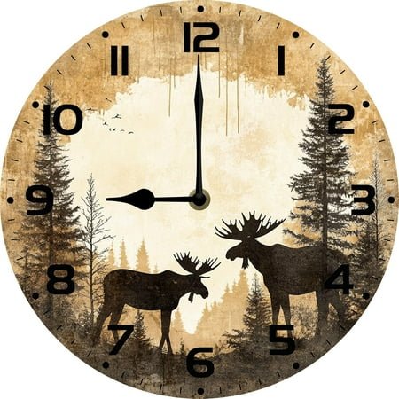 Cabin Moose Wall Clock Silent Non Ticking Rustic Farmhouse Round Wood 10 Inch Battery Operated Forest Wildlife Mountain Decor