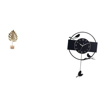CarpNettore Nordic Abstract Metal Leaf Sculpture and Bird Wall Clock Minimalist Art Ornament Creative Table Figurine Decorative Hanging Clock for Home Decor