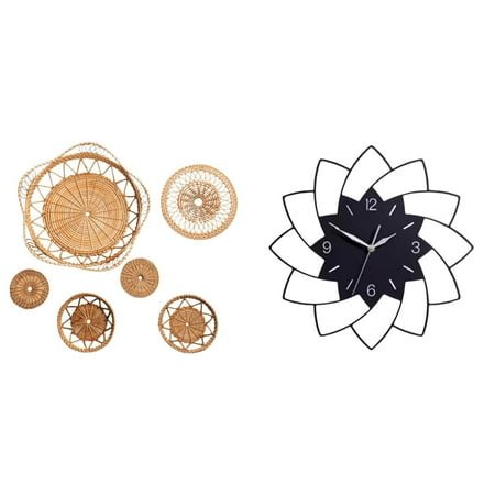 CarpNettore Rattan Woven Wall Art and Acrylic Flower Shaped Hanging Clock for Bedroom Cafe Tea Room Hallway Porch Quiet Decorative Wall Ornaments