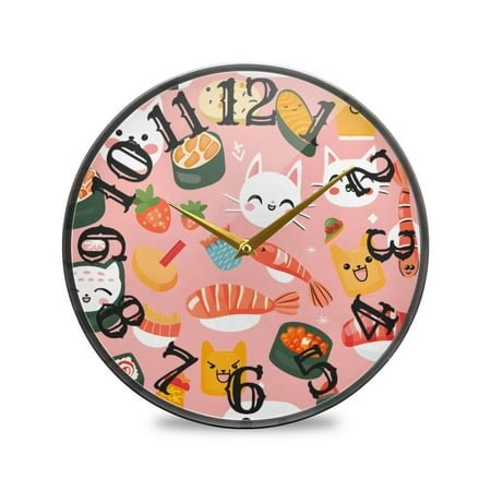 Cat Sushi Wall Clock 10 Inch Silent Non Ticking Battery Operated Easy to Read for Kitchen Living Room