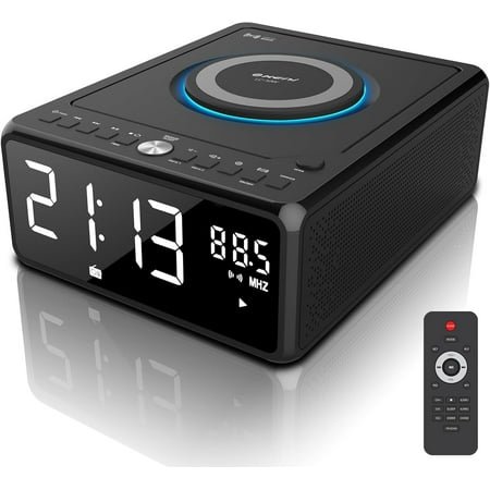 CD Player Alarm Clock Radio, CD Players for Home, Desktop Portable CD Player with Bluetooth,10W Wireless Charging,FM/AUX/USB/Timer/Dimmer/Remote Control, Boombox Clock Radio with CD Player