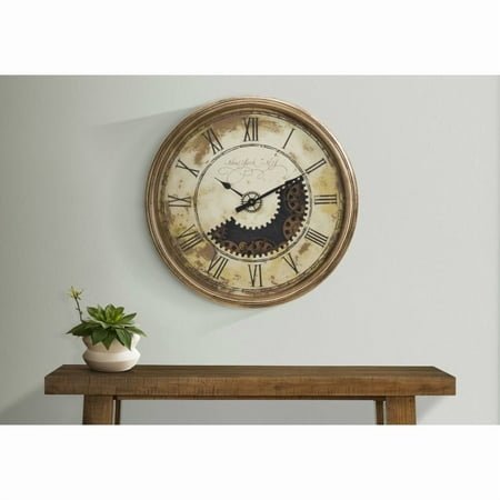 Clocks, 30 Round, Gear Mechanism, Large Oversized, Wall Clock, Antique Gold, Transitional