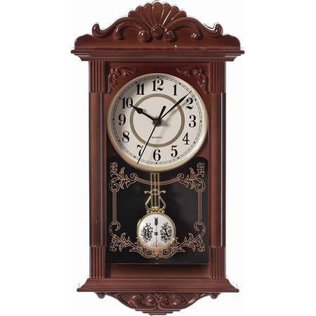 Clockswise Vintage Grandfather-Style Wall Clock with Wood-Effect Plastic Pendulum Battery-Operated for Home Decor Living Room Home Office Kitchen or Dining Room (Brown, 16 Inch)