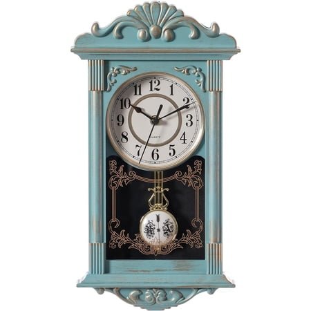 Clockswise Vintage Grandfather-Style Wall Clock with Wood-Effect Plastic Pendulum Battery-Operated for Home Decor Living Room Home Office Kitchen or Dining Room (Blue, 16 Inch)