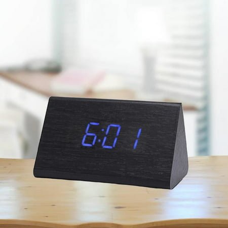 COSMOBETTY Triangle LED Digital Alarm Clock Wood Black Blue Light 1Pcs 4.7X3.1X2.4in