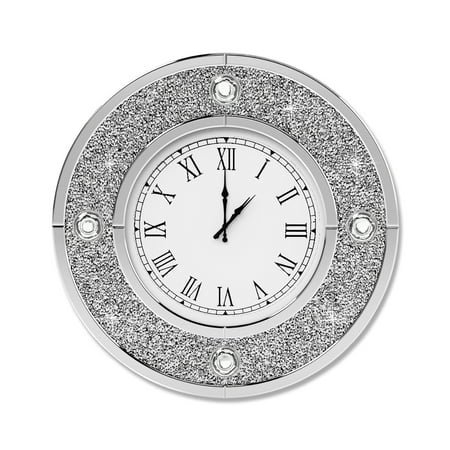 COSVALVE 20 Silver Round Mirrored Wall Clock with Decorative Crushed Diamond