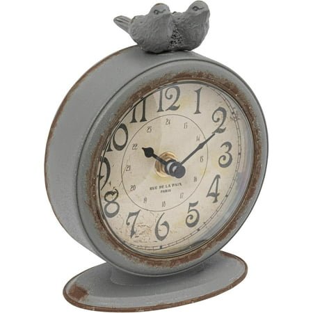 Creative Co-Op Grey Pewter Mantel Clock with Birds