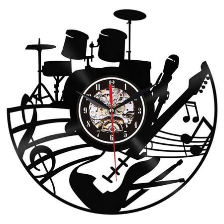 Creative Non-Ticking Silent Vintage Rubber Wall Clock, Rock Music Instrument Theme, No Lights Included, Unique Home Decor for Living Room, Bedroom, Kitchen, and Office,Black
