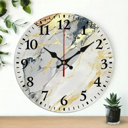 Creowell 10 Inch Marble Gold Silver Accents Round Wooden Wall Clock 10x10in