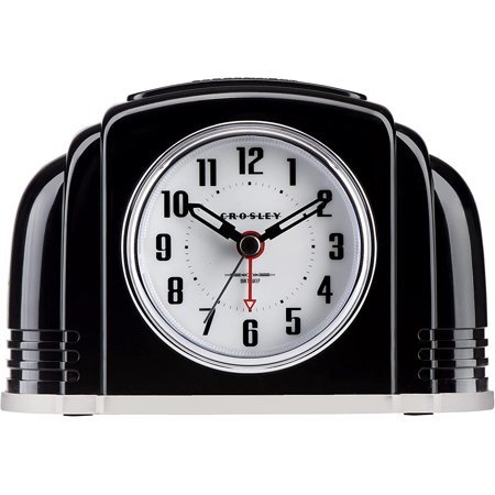 Crosley Vintage Art Deco Analog Alarm Clock, Quiet Ticking, Automatic Dimmable Smart Light, Simple Controls, (Black)