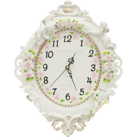 Decorative Wall Clock, 12x11In Small Vintage White Wall Clock Battery Operated Silent French Country Decor Wall Clocks for Farmhouse, Kitchen, Bedroom (Oval-Idyllic Carving)