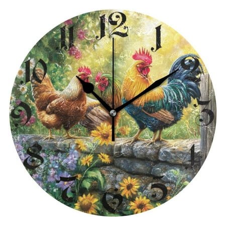 DEIARA Beautiful Rooster Burgundy Butterfly Wall Clock 10in Silent Mechanism Battery Operated Retro Style for Living Room Bedroom and Kitchen Black Pointer