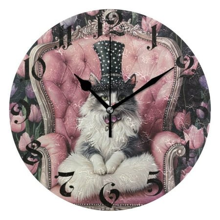 DEIARA Bowler Hat Ragdoll Cat Burgundy Butterfly Wall Clock 10in Silent Mechanism Battery Operated Retro Style for Living Room Bedroom and Kitchen Black Pointer