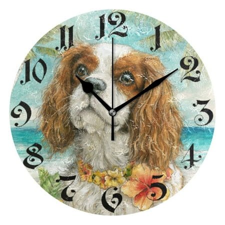 DEIARA Cavalier King Charles Spaniel Dog Burgundy Butterfly Wall Clock 10in Silent Mechanism Battery Operated Retro Style for Living Room Bedroom and Kitchen Black Pointer