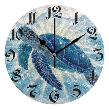 DEIARA Deep Blue Sea Turtle Burgundy Butterfly Wall Clock 10in Silent Mechanism Battery Operated Retro Style for Living Room Bedroom and Kitchen Black Pointer