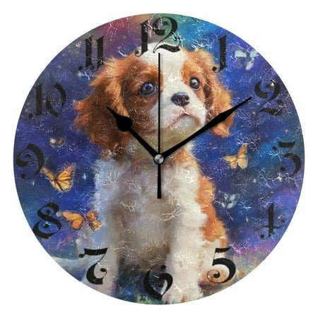 DEIARA King Charles Spaniel Dog Burgundy Butterfly Wall Clock 10in Silent Mechanism Battery Operated Retro Style for Living Room Bedroom and Kitchen Black Pointer
