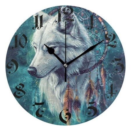 DEIARA Wolf King Dreamcatcher Burgundy Butterfly Wall Clock 10in Silent Mechanism Battery Operated Retro Style for Living Room Bedroom and Kitchen Black Pointer