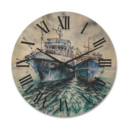 Designart 'Blue Fishing Boats Before A Storm Anchored' Nautical & Coastal Wood Wall Clock