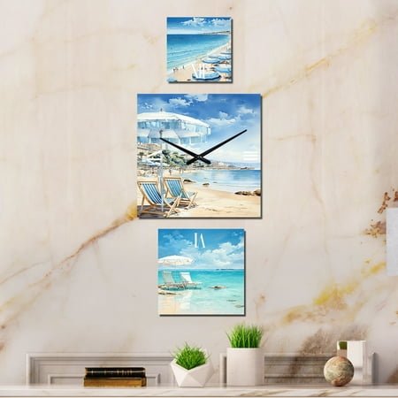Designart Cannes Harmony on the French Coast France Extra large Clock For Office Décor - Large Traditional Wall Clock - Oversized Blue Wall Clock - Set Of 3