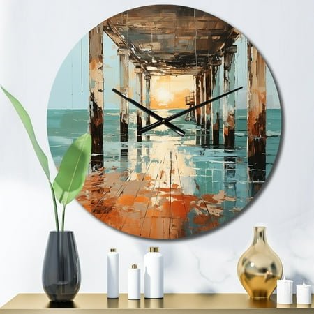 Designart Coastalpier Pier Perspective Painting I Nautical & Beach Oversized Wall Clock