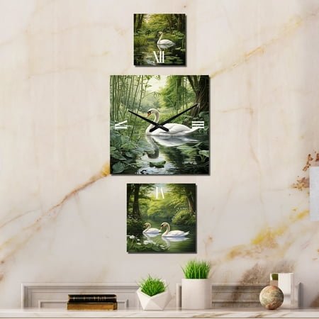 Designart Lakeside Swan Haven Swans Oversized Wall Clock - Set Of 3 - Extra large Clock For Office Décor - Large Modern Wall Clock