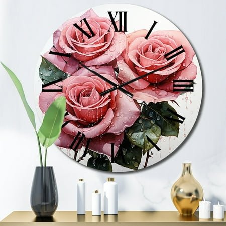 Designart Pink beautyful Rose Pointillism I Floral Oversized Wall Clock