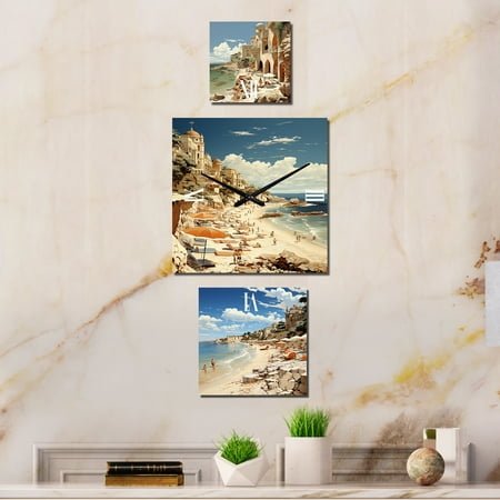 Designart Riviera Beach Reverie in France France Oversized Wall Clock - Set Of 3 - Extra large Clock For Office Décor - Large Traditional Wall Clock
