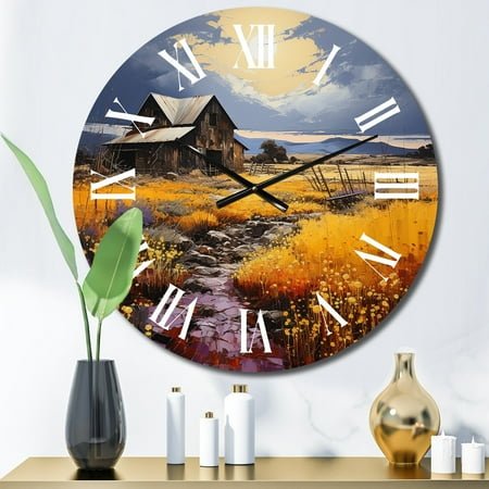 Designart Yellow Barn Minimalsim horizon I Countryside Oversized Wall Clock