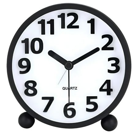 DESIGNICE Silent Analog Alarm Clock,Black Metal Large 3D Numbers,Non-Ticking Table Clock with Night Light Bedside Alarm Clock 10.8cm