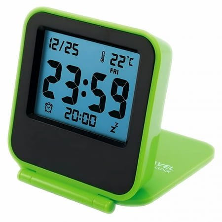 DESIGNICE Small Digital Travel Alarm Clocks,Battery Operated Travel Clock with Lcd Night Light,Portable Folding Mini Pocket Temperature Clock for Outdoor Kids Bed Desk Table Cruise Camper (Green)