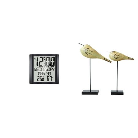 Digital Alarm Clock Bird Statues Wooden Decor Large Display Snooze Calendar Function for Office Bedroom Entryway