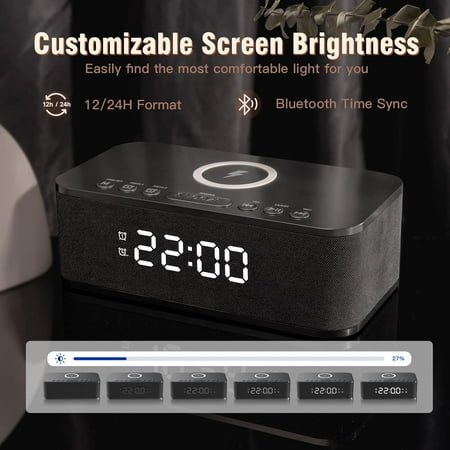 Digital Alarm Clock Radio with , 10 Alarms, White Noise, Wireless Charging, Black