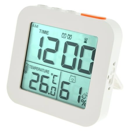 Digital Alarm Clock with 2 Bells Temperature Humidity Backlight Night Light Snooze 12/24H Battery Operated Bedside Clock Lightweight Travel Clock for Home