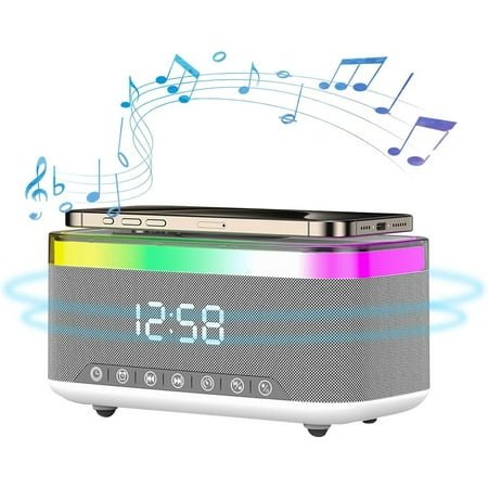 Digital Alarm Clock with Wireless Charging, Bedside with Fast Wireless Charging 15W, Timer Alarm Clock for Heavy Sleepers, RGB Night Light, Bluetooth Speaker Suitable for Indoor & Outdoor, Grey