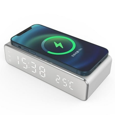 Digital Alarm Clock with Wireless Charging Station, 5W Wireless Charger with Temperature Display Compatible for Android and iOS