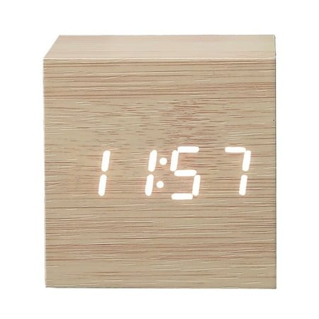 Digital Alarm Clock, with Wooden Electronic LED Time Display, Cubic Small Mini Wood Made Electric Clocks for Bedroom, Bedside, Desk（Battery not included）