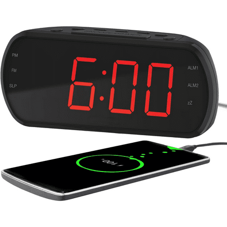 Digital Dual Alarm Clock with FM Radio - Large LED Display Bedside Clock with Battery Backup, USB Phone Charger, Volume, Dimmer, 20 Memory Presets, Snooze, 12/24H, Travel, Home, Office
