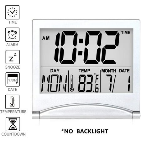Digital Travel Alarm Clock - Foldable Calendar Temperature Timer LCD with Snooze Mode Large Number Display, Battery Operated Compact Desk Clock(Silver, No Backlight)