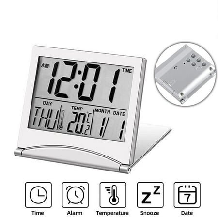 Digital Travel Alarm Clock with Temperature, Foldable Compact LCD Desk Clock with Timer, Large Display for Home, Office, Travel