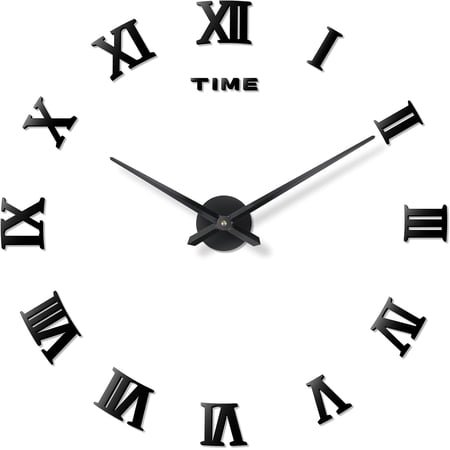 DIY Wall Clock Large Frameless 3D Clock Mirror Effect Classical Roman Numerals Wall Sticker Metal Hands Silent Quartz Movement Decor for Living Room Bedroom Office, Black