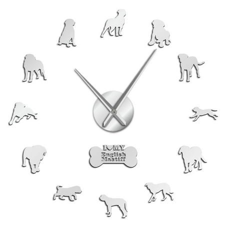 Dog English Mastiff Silhouette Frameless Wall Clock Stickers, DIY Modern Decorative Clocks for Living Room, Bedroom, Office - Easy to Install, Large 3D Clock Design (Silver,27in)