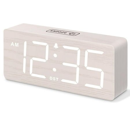 DreamSky Wooden Digital Alarm Clock for Bedroom - Desk Clock for Living Room with Large Numbers, Dimmer, Loud Alarm for Heavy Sleepers with Volume Control, DST, Office Wood Decor (Plug in Clock)