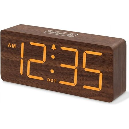 DreamSky Wooden Digital Alarm Clock for Bedroom - Desk Clock with Large Numbers for Living Room Office, Loud Alarm for Heavy Sleepers Adults, Volume Control, Dimmer, DST, Wood Decor (Plug in Clock)