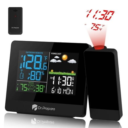 Dr. Prepare Projection Alarm Clock, Digital Clock Projector on Ceiling with Indoor/Outdoor Temperature Display, Dual Alarms, Colored Backlight, Weather Forecast for Bedroom
