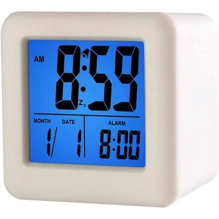 Easy to Set Digital Travel Alarm Clock, Snooze Function, Soft Night Light, Large Screen time and Month and Date Display and Alarm, Progressive Sound Alarm and Handy Size (White)