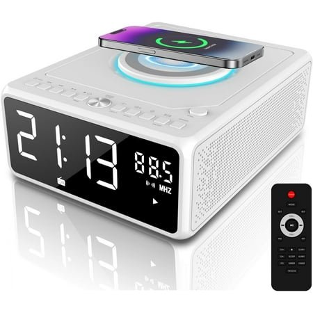 Elegant CD Player, Alarm Clock Radio with Wireless Charging Station, FM Radio (No AM), Bluetooth Boombox with Remote, MP3/USB Music Player, Snooze & Sleep Timer CD Players for Home, AC Powered