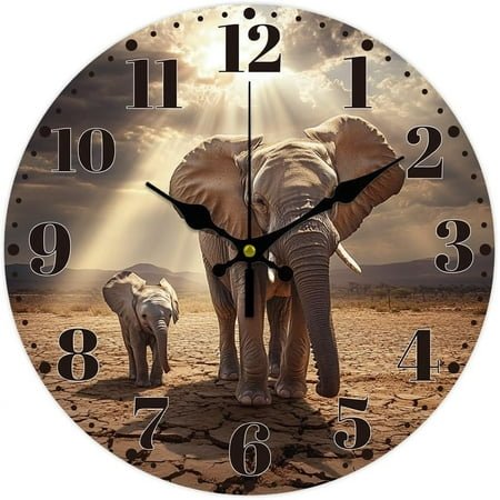 Elephant Wall Clock 12 Inch Battery Operated Clocks Wild Elephant Non Ticking Silent Wall Clock Decorative Clocks for DIY