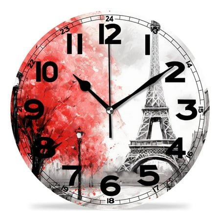 erolrail Rustic Wall Clock,Silent Non Ticking Wall Clocks for Living Room,Bedroom,Kitchen 12IN Oil Painting Paris Black White and Red Modern Art Cute Drawing
