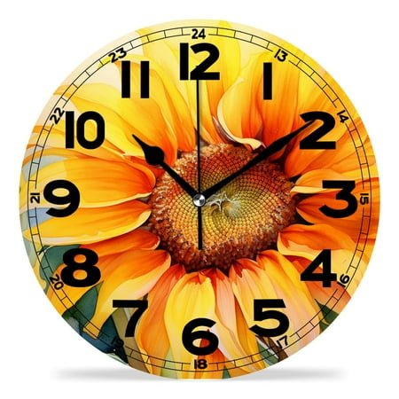 erolrail Rustic Wall Clock,Silent Non Ticking Wall Clocks for Living Room,Bedroom,Kitchen 12IN Cute Sunflower Yellow on Green Print