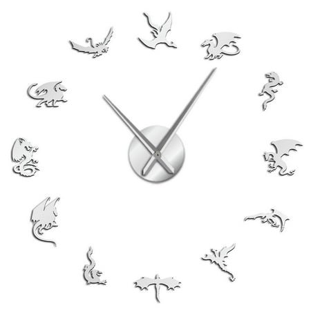 Evil Dragon Silhouette Frameless Wall Clock Stickers, DIY Modern Decorative Clocks for Living Room, Bedroom, Office - Easy to Install, Large 3D Clock Design (Silver,37in)